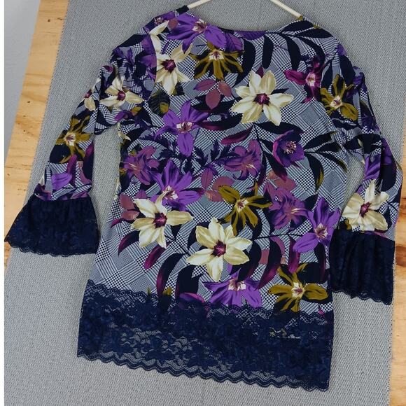 Susan Graver Liquid Knit Blouse Womens L Purple/Black Floral Boho Chiffon Ruffle - Picture 9 of 15